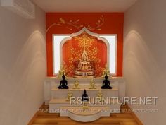 an orange and white room with buddha statues