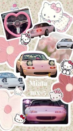 the pink car has hello kitty stickers on it