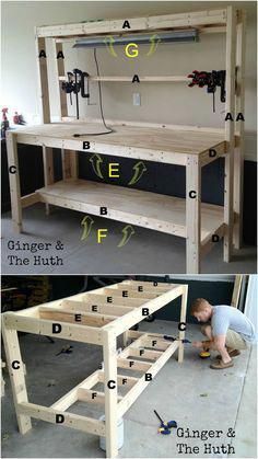 two pictures showing how to build a workbench with woodworking tools and instructions