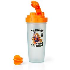 a plastic cup with an orange lid next to it and the words training to go super saiyan's