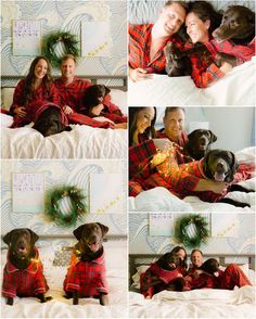 two women and a dog laying on a bed with christmas wreaths around their necks