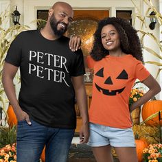 **To ensure delivery in time for Christmas, orders must be placed by December 12th Peter Peter Pumpkin Eater Couples Halloween T Shirt *How to Place an Order* 1* View all color and size charts before you place your order. 2* Select your shirt "SIZE" and "COLOR". 3* Select the quantity. 4* Click add to cart.  If you are ordering more than 1 item, you need to go back and repeat this process  for each item you wish to order. Not all colors are available for all styles so please verify the Size and Themed Short Sleeve T-shirt For Costume Party, Novelty T-shirt For Costume Party With Short Sleeves, Novelty Short Sleeve T-shirt For Costume Party, Themed Halloween T-shirt With Custom Print, Halloween Costume Tshirt, Peter Pumpkin Eater, Peter Peter Pumpkin Eater, Peter Pumpkin, Funny Couple Halloween Costumes