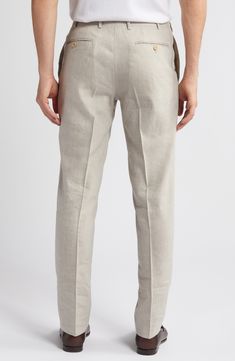 Bring relaxed formality to your look with dress pants tailored with a classic flat front from a cool blend of linen and wool. 37" inseam; 14" leg opening; 10 1/2" front rise; 14" back rise (size 56) Zip fly with button-tab closure Front slant pockets; back button-welt pockets 52% linen, 48% wool Dry clean Made in Italy Straight Leg Flax Pants For Spring, Spring Straight Leg Flax Pants, Business Straight Pants For Summer, Fitted Business Bottoms For Summer, Fitted Summer Business Bottoms, Spring Straight Flax Pants, Spring Flax Straight Pants, Slim Fit Linen Casual Bottoms, Straight Leg Business Bottoms For Summer