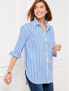 Extended shoulder seams frame our longline boyfriend shirt. Features a sleek box pleat at the back and chic high-low hem. In the crisp cotton poplin you love with a bold stipe pattern. For a casual yet perfectly put-together look. Features Long Sleeve Hits Below Hip Shirt Collar Button front closure Chest pocket Curved shirttail hem Imported Fit: Misses: 29 1/2"; Petite: 27 1/2"; Plus: 31 1/2"; Plus Petite: 29" Material: 100% Cotton Care: Machine Wash Cold, Gentle Cycle, Only Non-Chlorine Bleach When Needed; Tumble Dry Low, Warm Iron If Needed | Extended Shoulder Boyfriend Shirt - Bold Stripe Talbots Classic Style Women, Boyfriend Shirt, Bold Stripes, Box Pleats, Shirt Collar, Long A Line, Cotton Poplin, Modern Classic, Chest Pocket