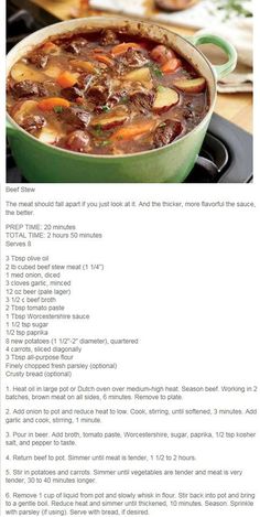 the recipe for beef stew is shown in this image