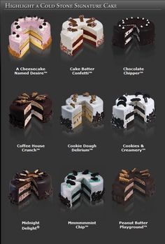 the different types of cakes are shown in this advertisement for high - end cake shops