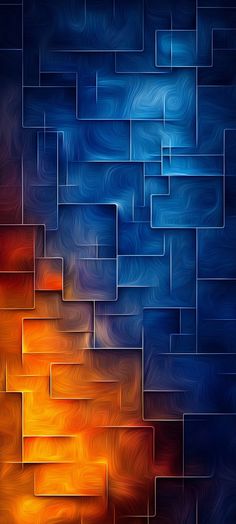 an abstract blue and orange background with some squares on it's sides, as well as the bottom half of the image