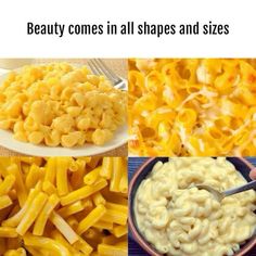 three pictures with different types of macaroni and cheese in them, one is being spooned into the other