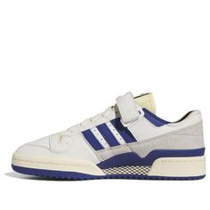 the adidas sneakers in white and blue are on sale for $ 59, originally