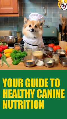 a dog in a chef's outfit standing at a kitchen counter with food on it