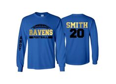 Football Shirt | Football Shirts | Long Sleeve T-shirt | Football Spirit Wear | Customize team & colors | Youth or Adult PLEASE READ BEFORE ORDERING Please read full description before ordering we cannot be responsible for mistakes made by not reading the full description. ORDERING INSTRUCTIONS: 1. Select your Garment Size/Color Each size must be selected separately. Please do NOT leave a list of sizes in the notes. This will delay your order 2. In the Personalization Section(Add requested info before checking out/paying)  We will need the following information: (If you want to remove any words or numbers please state that in the notes) (If you want the shirt to be the colors in the picture please state that in the notes) - Mascot - Sleeve name (one word/name only) - Last name (one name on Cheap Team-colored Shirt For Football Season, Cheap Long Sleeve Football Season T-shirt, Long Sleeve T-shirt With Team Name For Sports Season, Long Sleeve Top With Team Name For Team Events, Blue Long Sleeve T-shirt With Team Spirit, Team-colored Long Sleeve T-shirt With Graphic Print, Team-colored Crew Neck Tops For Team Events, Blue Pre-shrunk T-shirt For Team Events, Crew Neck Tops For Team Events In Team Colors