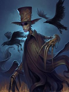 a painting of a skeleton wearing a top hat and holding two crows in his hands