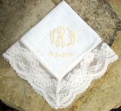 Bridal lace & linen hanky with monogram & date ~ includes gift box.  $29.50 Elegant Customizable Wedding Handkerchiefs, Elegant Wedding Handkerchiefs Customizable, Wedding Handkerchiefs With Lace Work, Lace Wedding Handkerchiefs With Lace Work, Elegant Wedding Handkerchief With Lace Work, Wedding Lace Handkerchief With Lace Work, Elegant Lace Wedding Handkerchief, Elegant Lace Work Wedding Handkerchief, Elegant Lace Work Handkerchief For Wedding