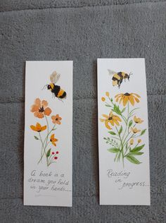 two bookmarks with bees and flowers on them