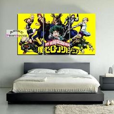 three anime posters on the wall above a bed in a room with white carpet and gray walls