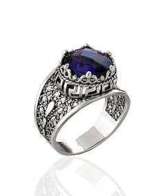 Introducing our stunning everyday use, lace embroidery Greek Key sterling silver filigree art crown cocktail ring, featuring a mesmerizing amethyst gemstone. Measuring 0.47" / 12.00 mm in size, this double-sided faceted checkerboard round-cut amethyst gemstone is the perfect centerpiece for this elegant ring. As the February birthstone, amethyst gemstone would make the ideal gift for special occasions such as birthdays, anniversaries, thanksgiving, summer, valentine's day, or mother's day, and f Alexandrite Gemstone, The Ring Face, Silver Cocktail, Art Ring, Onyx Gemstone, Anniversary Gifts For Wife, Sterling Silver Filigree, Blue Quartz, Filigree Ring