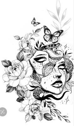 a drawing of a woman's face with flowers and butterflies on her head, in black and white