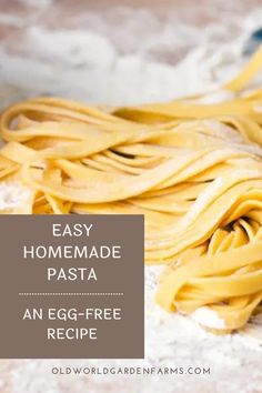 homemade pasta with text overlay that reads easy homemade pasta an egg - free recipe