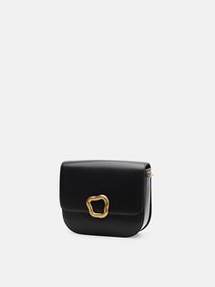 a small black bag with gold hardwares on the front and side, sitting against a white background