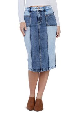 Pieced washes add eye-catching dimension to this midi skirt cut from low-stretch denim. 27" length (size 27) Zip fly with button closure Front patch pockets; back patch pockets 67% cotton, 29% REPREVE® recycled polyester, 3% rayon, 1% spandex REPREVE recycled polyester is made from 100% post-consumer recycled plastic bottles Machine wash, tumble dry Imported Fitted Knee-length Denim Jeans, Mid-rise Blue Denim Skirt, Dark Wash Knee-length Denim Skirt, Medium Wash Knee-length Denim Jeans, Denim Blue Midi Length Denim Skirt, Blue Denim Knee-length Skirt, Blue Denim Skirt With Button Closure, Knee-length Medium Wash Denim Bottoms, Stretch Denim Knee-length Jeans