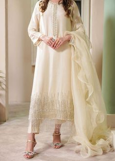 White Raw Silk Dress Pakistani, Luxury Elegant Dupatta With Intricate Design, Luxury Sheer Nida Dupatta, Luxury Party Sets For Eid, Luxury Tissue Silk Dupatta For Party, Luxury Cream Tissue Silk Dupatta, Off White Suits Women, Elegant Dabka Embroidered Fabric For Festive Occasions, Party Traditional Wear With Pearl Embroidery