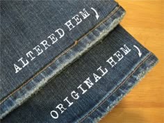 three different types of jeans with the names altered hell and original hell written on them