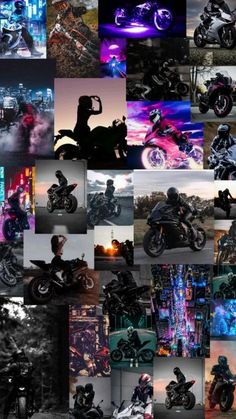 a collage of black and white images with different colors on them, including motorcycles