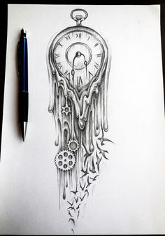 a drawing of a clock on paper with a pen next to it and an ink marker