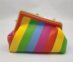 Rainbow Handbag Stripe Metallic PU Leather Shoulder Bag With Metal Gold Adjustable Shoulder Strap Multicolor Pouch Clutch With Detachable Strap, Retro Multicolor Clutch Bag, Beige Backpacks, Rainbow Purses, Brown Backpacks, Beige Bag, Leather Laptop Bag, Messenger Bag Men, Orange Bag