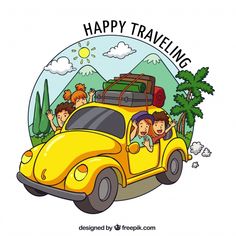 children are riding in the back of a yellow car with luggage on top and words happy traveling