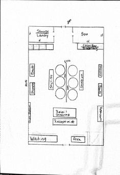 a drawing of a kitchen with the floor plan drawn out and labeled in black ink