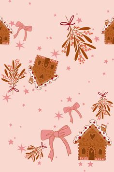 a pink background with gingerbread houses and bows