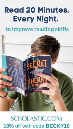 a boy reading a book with the text read 20 minutes every night to improve reading skills