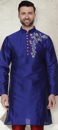 Blue color Kurta in Dupion Silk fabric with Embroidered, Thread work Embroidered Blue Kurta For Festivals, Blue Floral Embroidery Kurta For Festivals, Blue Fabric For Wedding And Festivals, Blue Floral Embroidered Kurta For Festivals, Royal Blue Kurta For Festive Occasions, Blue Wedding Fabric With Pallu, Blue Cotton Kurta For Wedding, Blue Traditional Wedding Fabric, Festive Blue Kurta With Floral Embroidery