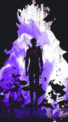 the silhouette of a man standing in front of a purple and black background with bats