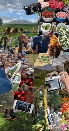 a collage of photos with people taking pictures and flowers in the foreground, one person holding a camera