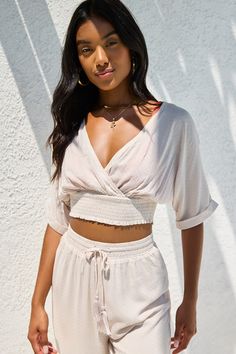 Beige Swim Cover-Up - Two-Piece Swim Cover-Up - Jumpsuit - Lulus Versatile V-neck Crop Top For Summer, V-neck Crop Top For Beach, Summer V-neck Beach Crop Top, Summer V-neck Crop Top For Vacation, Summer V-neck Crop Top For Brunch, Versatile Summer Swimwear For Beach, Versatile Swimwear For Summer Beach, Summer Brunch Jumpsuits And Rompers With Elastic Waistband, Versatile Summer Beach Swimwear