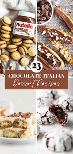 Nutella cookies, chocolate biscotti, a slice of tiramisu and chocolate amaretti cookies. Fire Pit Desserts, Italian Birthday Dinner, Easy Italian Desserts, Chocolate Dessert Ideas, Italian Christmas Desserts, Hearty Pasta Recipes, Authentic Italian Desserts, Italian Desserts Easy, Italian Birthday