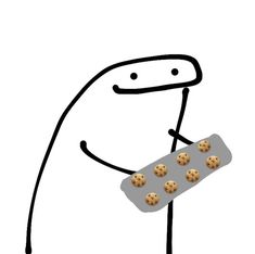 a drawing of a man holding a pack of cookies in his hand and looking at it