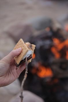 a person holding a piece of food in front of a fire