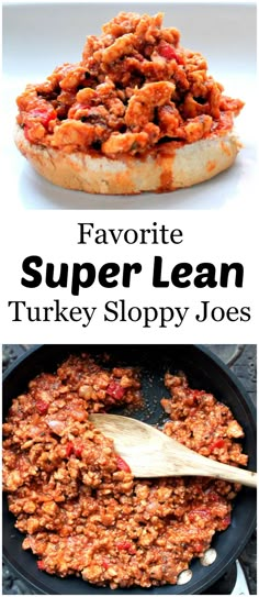 a pan filled with turkey sloppy joes next to a skillet full of meat