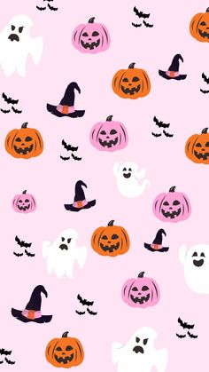 a pink background with halloween pumpkins and ghost faces