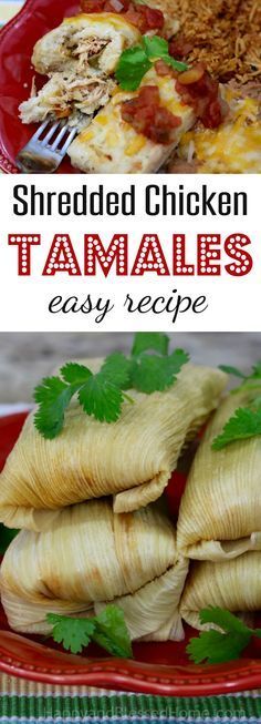 shredded chicken tamales on a red plate with cilantro