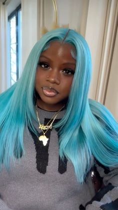 Frontal Color Ideas Dark Skin, Color Frontal Wig Dark Skin, Dark Skin Girls With Colored Hair, Blue Wig On Dark Skin, Darkskin Colored Wig, Teal Wig On Dark Skin, Lace Wigs Styles, Long Hair Wigs, Sew In Hairstyles