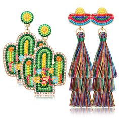 PRICES MAY VARY. ღ Cinco De Mayo Earrings: Get colorful for the fiesta celebration with this Set of Two Mexican Earrings. Including a pair of Cactus earrings, and a pair of multicolored layered tassel earrings. They all designed with festive red, yellow, green, orange and blue colors, everyone will know you're ready to party when you show up to the Cinco De Mayo celebration wearing these vibrant holiday earrings! ღ Mexican Jewelry for Women: Go out for tacos and margaritas and wear these fun Cin Multicolor Novelty Earrings For Summer, Novelty Multicolor Summer Earrings, Summer Novelty Multicolor Earrings, Novelty Multicolor Summer Jewelry, Summer Novelty Multicolor Jewelry, Summer Multicolor Novelty Earrings, Fiesta Costume, Tacos And Margaritas, Pepper Earrings