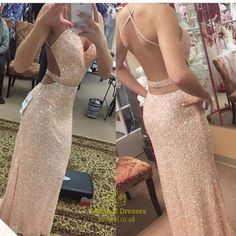 Pink Spaghetti Strap Sparkly Beaded Backless Long Sequin Prom Dress Pink Sparkly Dress, Backless Prom Dress, Open Backs, Cheap Prom Dresses Long, Spaghetti Strap Prom Dress, Sequin Prom Dress, Dress Backless, Pink Sparkly, Sequin Prom Dresses