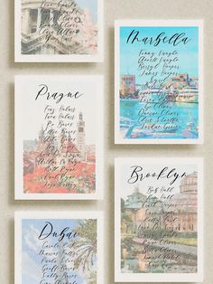 four postcards with the names of different cities and their name written in black ink