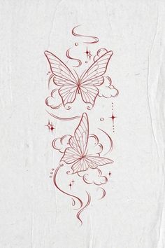 two butterflies on white paper with red ink