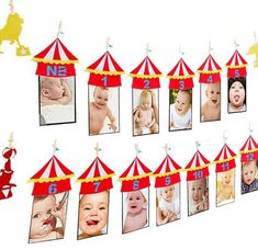 a number of pictures hanging on a wall with clowns and circus tents in the background