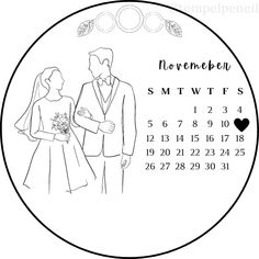 an image of a wedding calendar with the date for november, and a bride in a dress